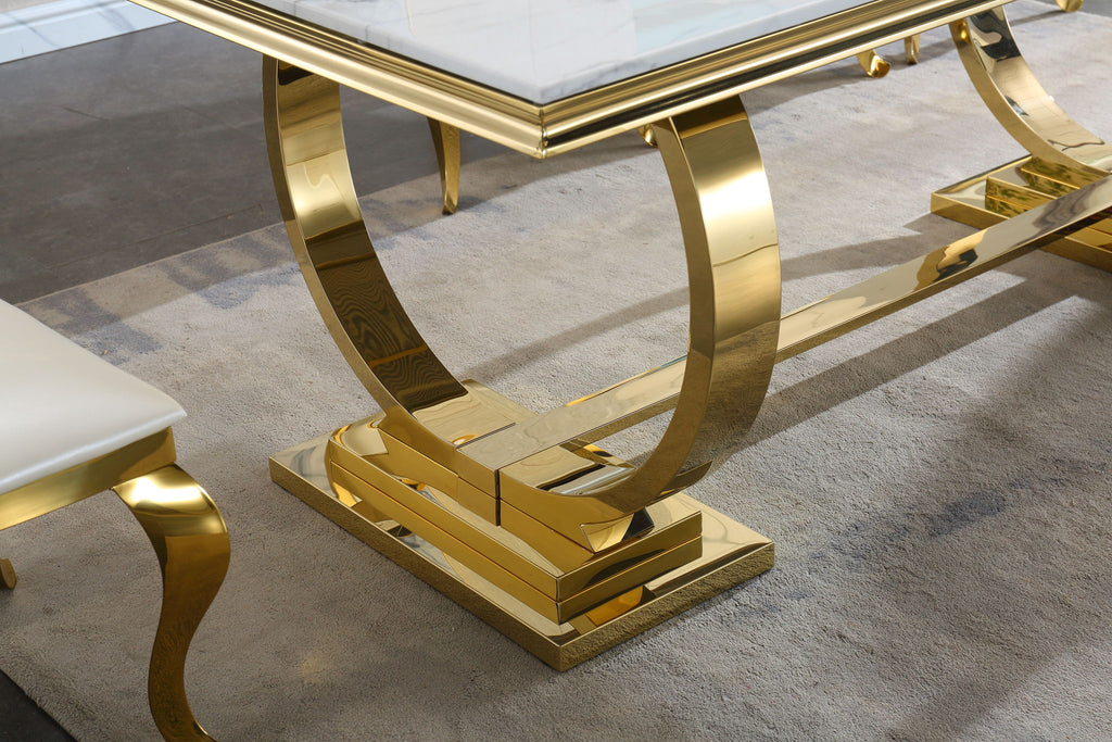 Modern Rectangular Marble Printing Dining Table, Double U Shape Stainless Steel Base With Mirrored Finish