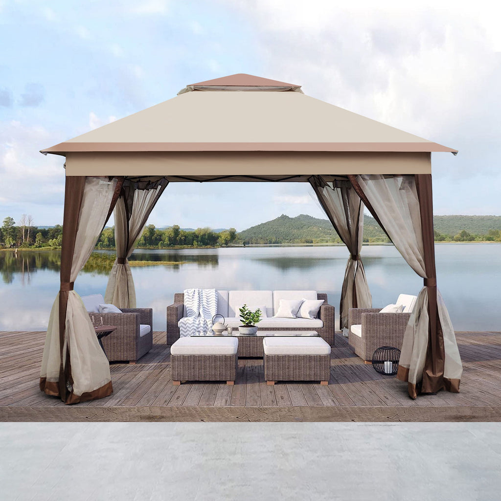 Outdoor Pop Up Gazebo Canopy With 2 Tier Soft Top And Removable Zipper Netting
