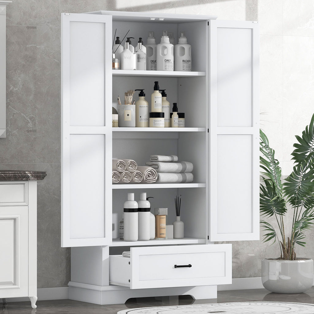 Tall Bathroom Storage Cabinet With 2 Doors And 2 Drawer, Adjustable Shelf - White