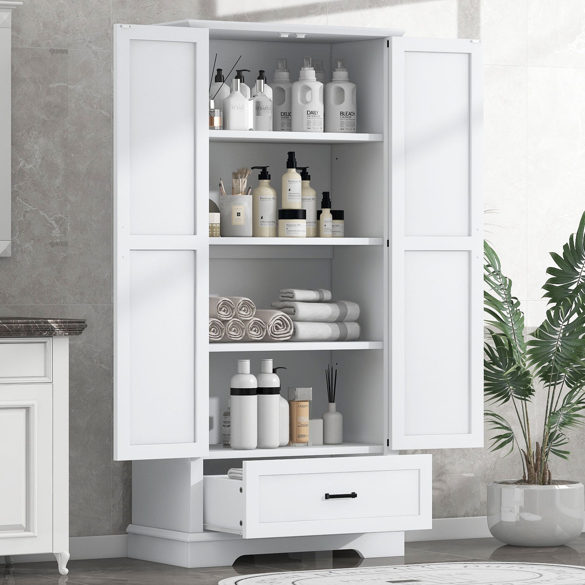 Tall Bathroom Storage Cabinet With 2 Doors And 2 Drawer, Adjustable Shelf - White