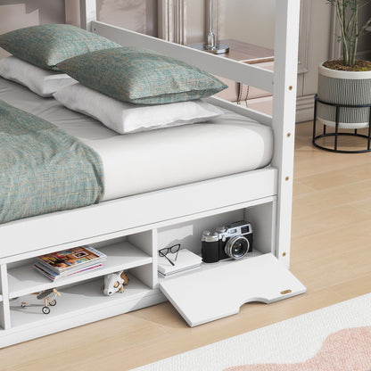 Full House Bed With Roof Frame, Bedside-Shelves, Under Bed Storage Unit - White