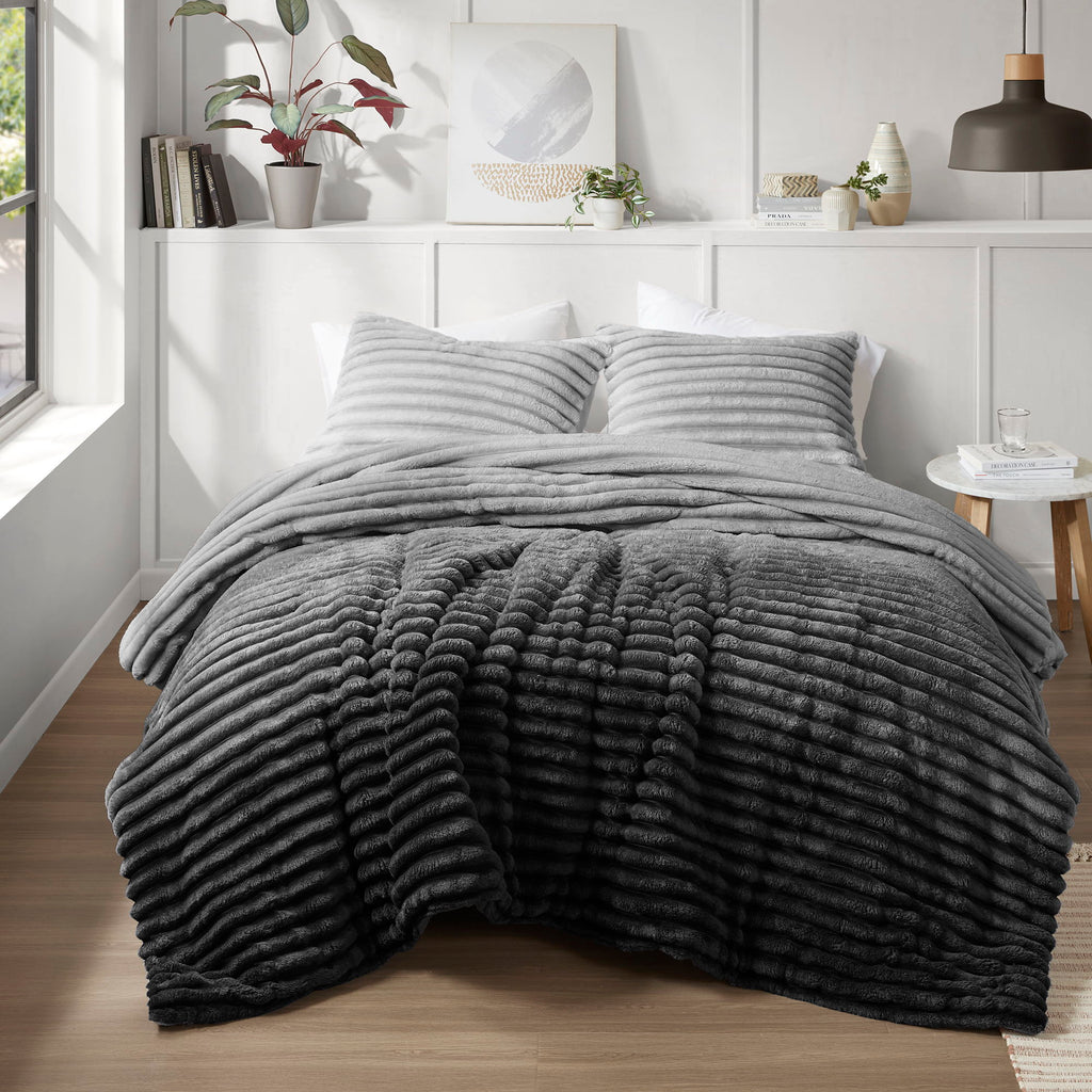 Avril - Twin/Twin Long Fluffy Ribbed Plush Comforter Set - Gray Ombre