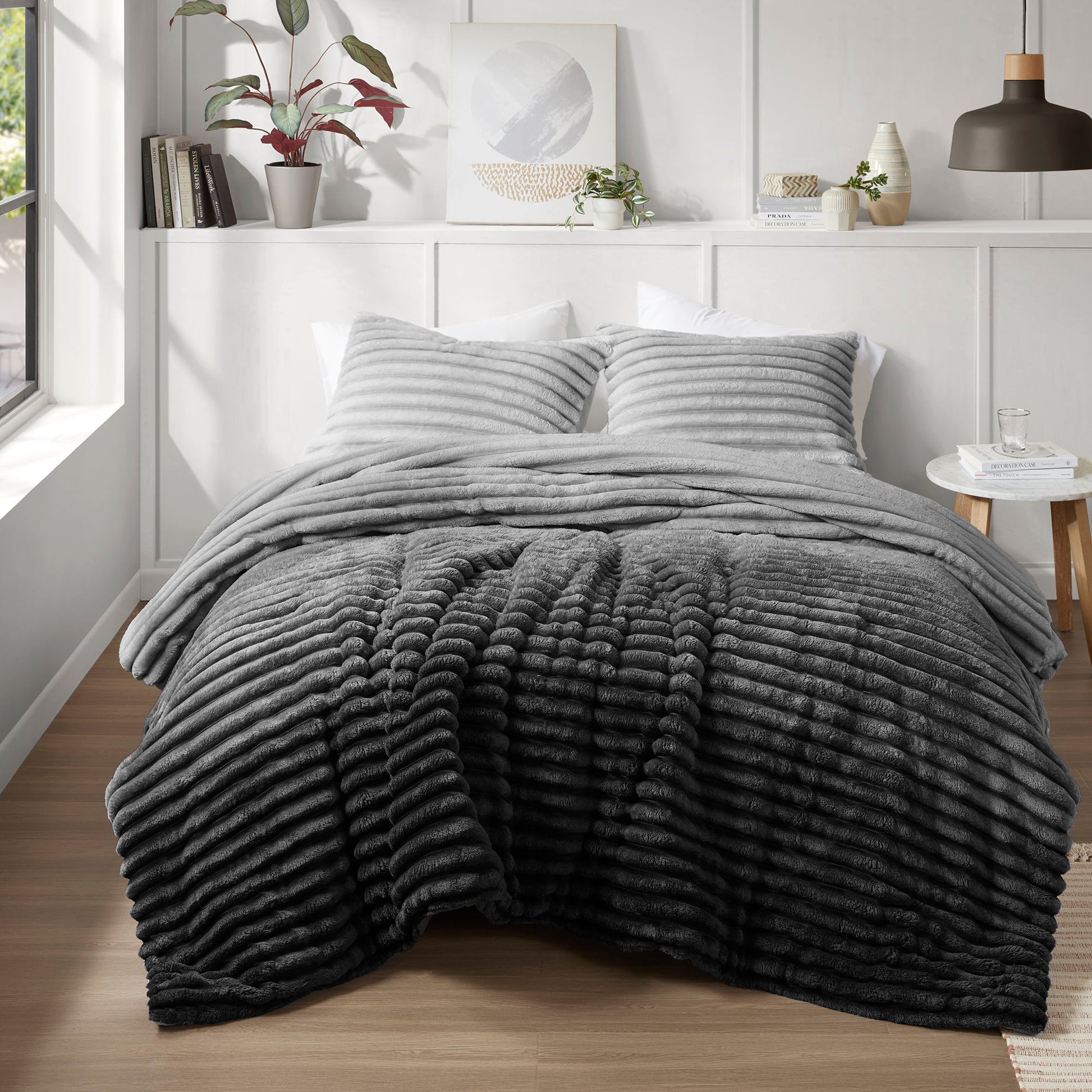 Avril - Full/Queen Fluffy Ribbed Plush Comforter Set - Gray Ombre
