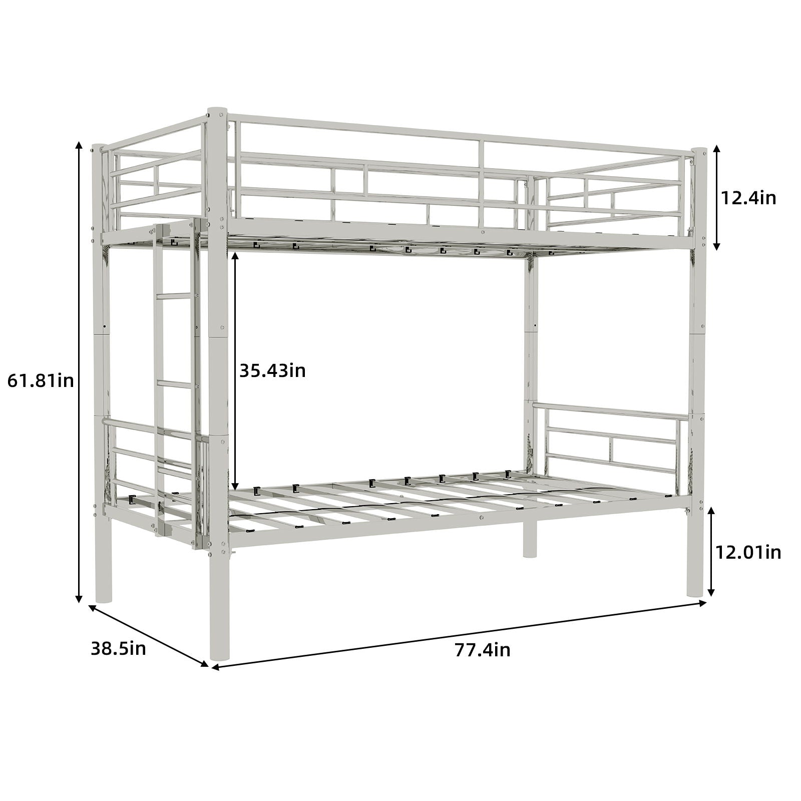 Metal Bunk Bed For Kids, Convertible Bedframe With Ladders & Guardrail