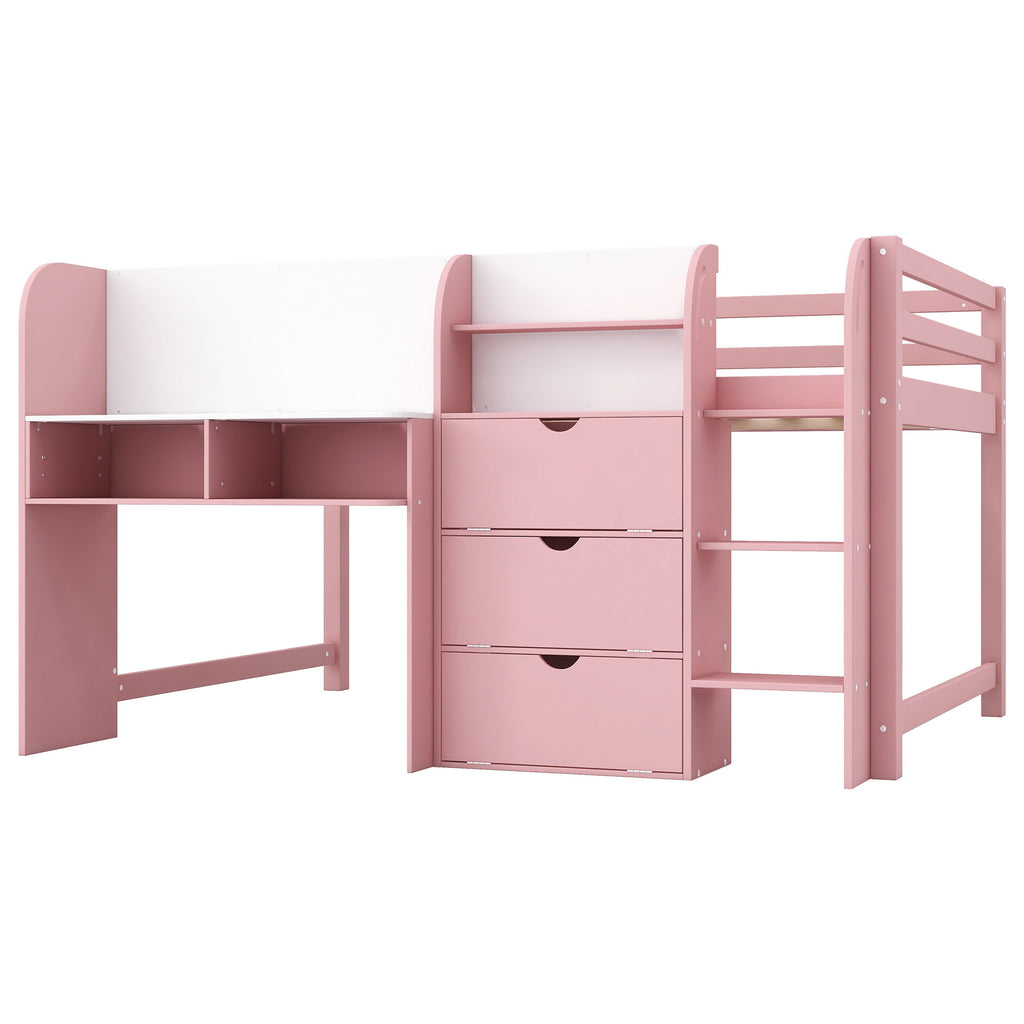Low Loft Bed With Built In Desk, Storage Cabinets, Open Bookcase And Doodle Blackboard