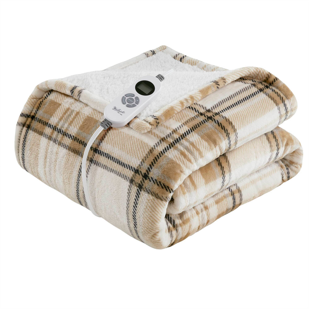 Print Plush To Sherpa - 50X60" Heated Throw - Tan Plaid