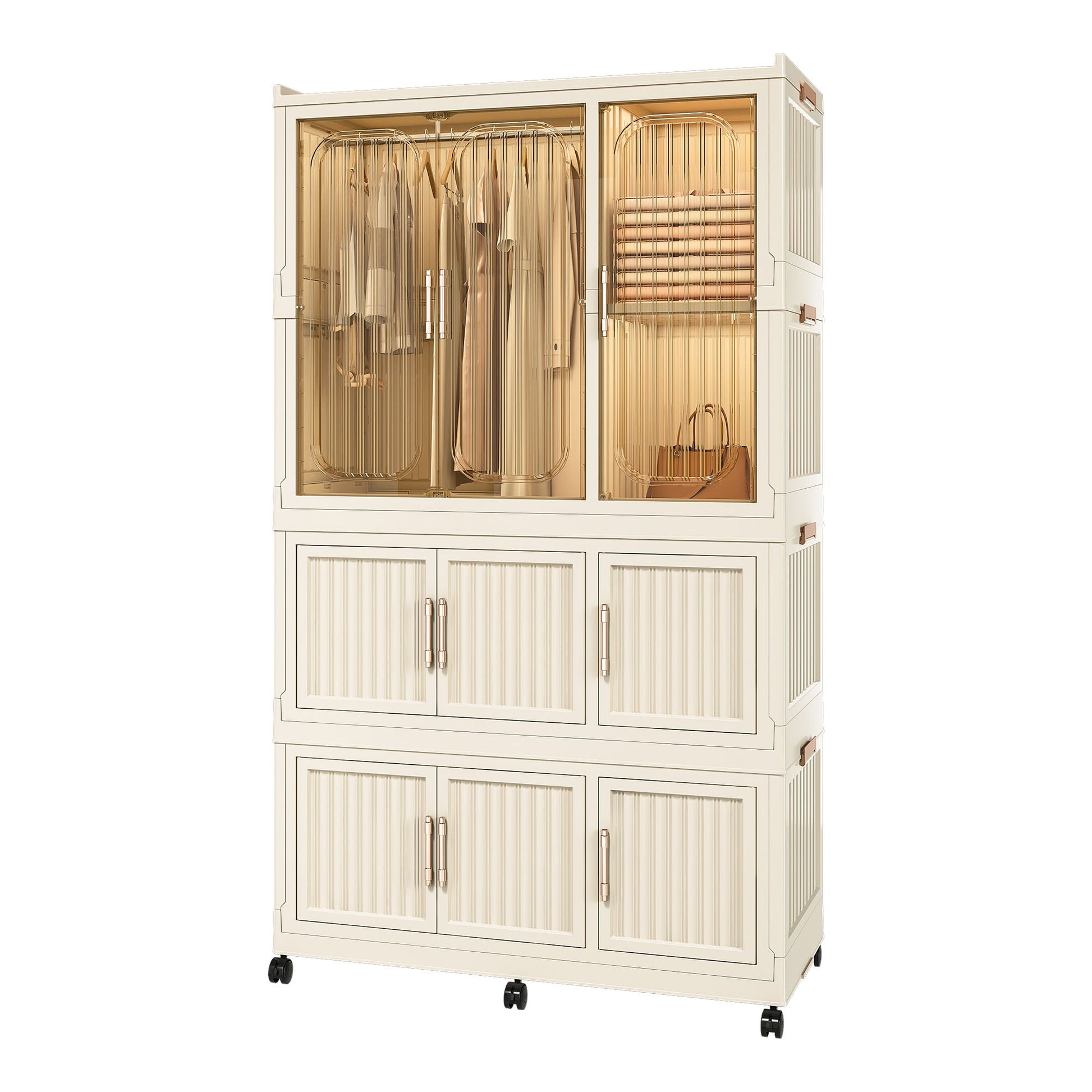 Portable Wardrobe Closet Storage Organizer With 9 Magnetic Doors - Cream White