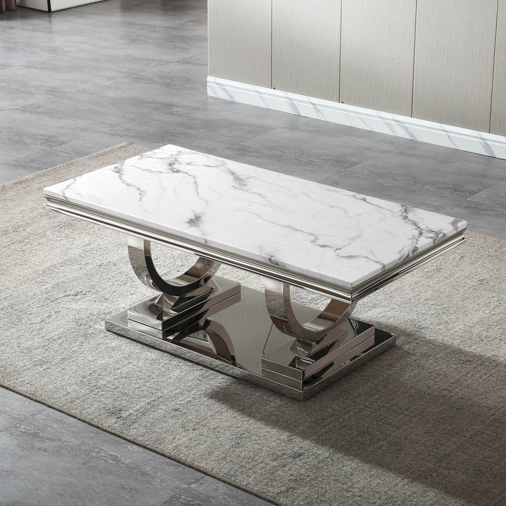 Modern Rectangular Marble Printing Coffee Table, U-Shape Stainless Steel Base With Mirrored Finish