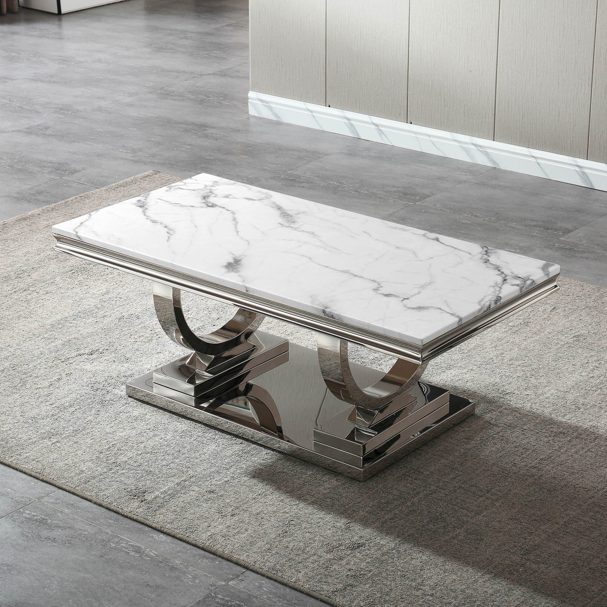 Modern Rectangular Marble Printing Coffee Table, U-Shape Stainless Steel Base With Mirrored Finish