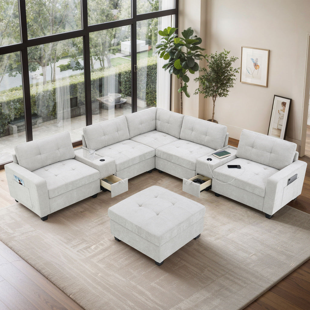 Sectional With Acrylic Table Top U Shaped Couch Set With 2 Consoles USB Charger, Storage Drawers And Pockets Movable Ottoman Tufted Sofa