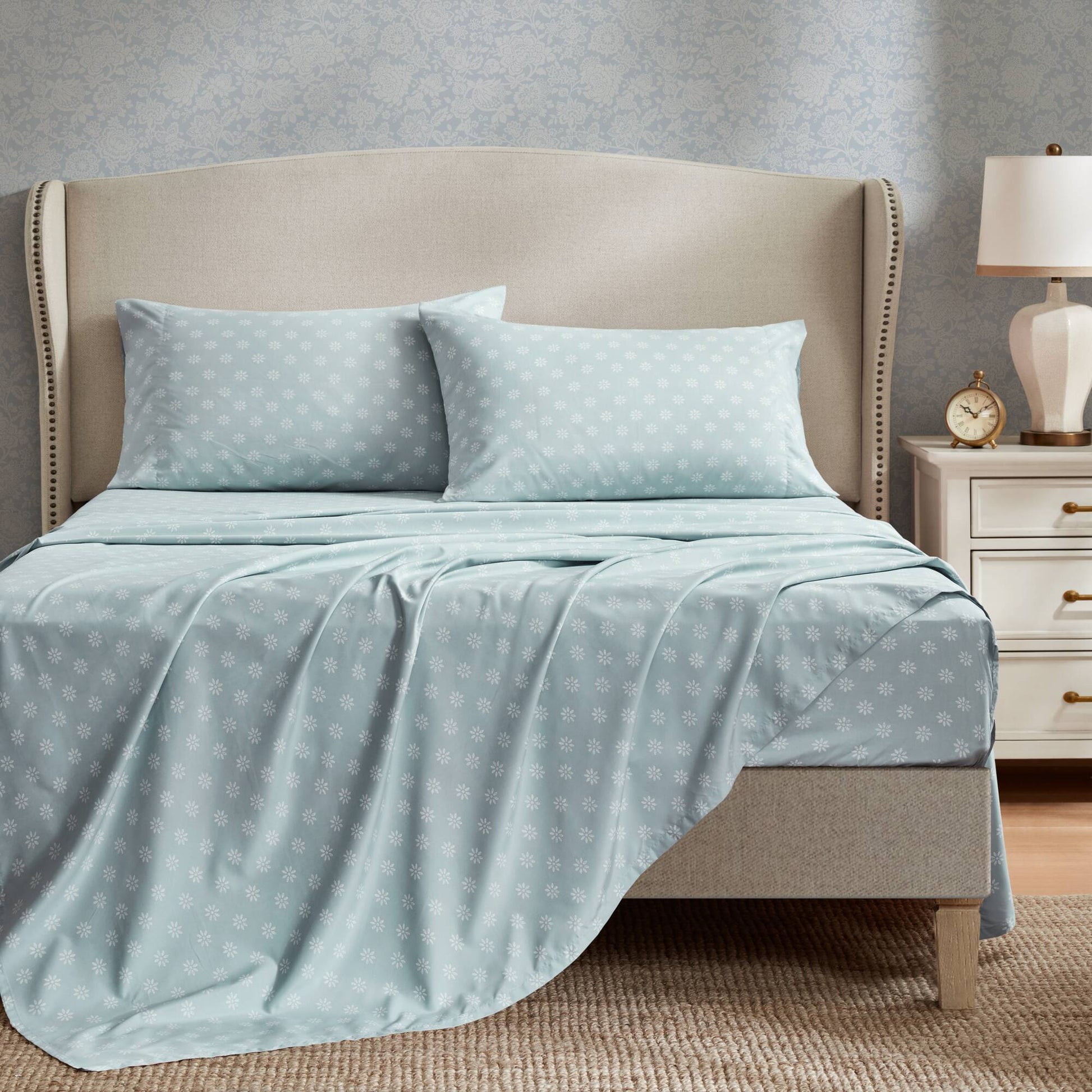 Heather - King 7 Piece Vintage-Inspired Floral Print - Soft Blue