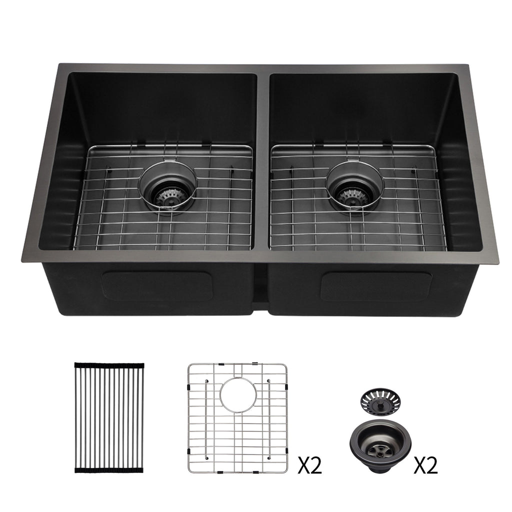 Double Bowl Undermount Kitchen Sink 16 Gauge 33" X 19" With Dual 10" Deep Basins - Gunmetal Black