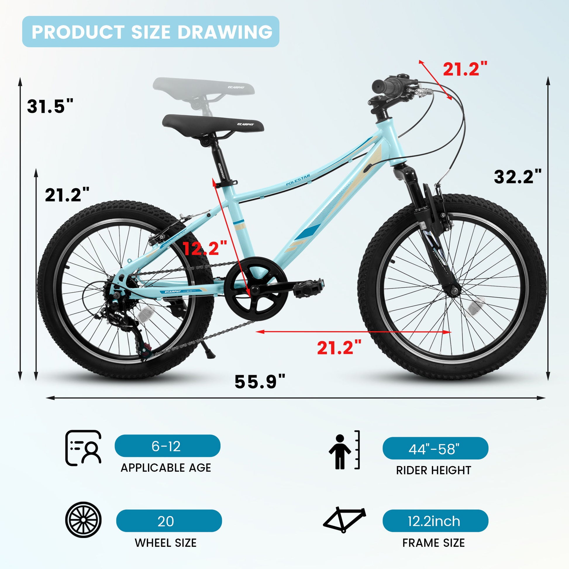 S20101 20" Kids' Bike, Boys Girls Mountain Bike Ages 8-12, 7 Speed Teenager Children Kids' Bicycles, Front Suspension Disc Brake Rear V-Brake, High Steel Frame