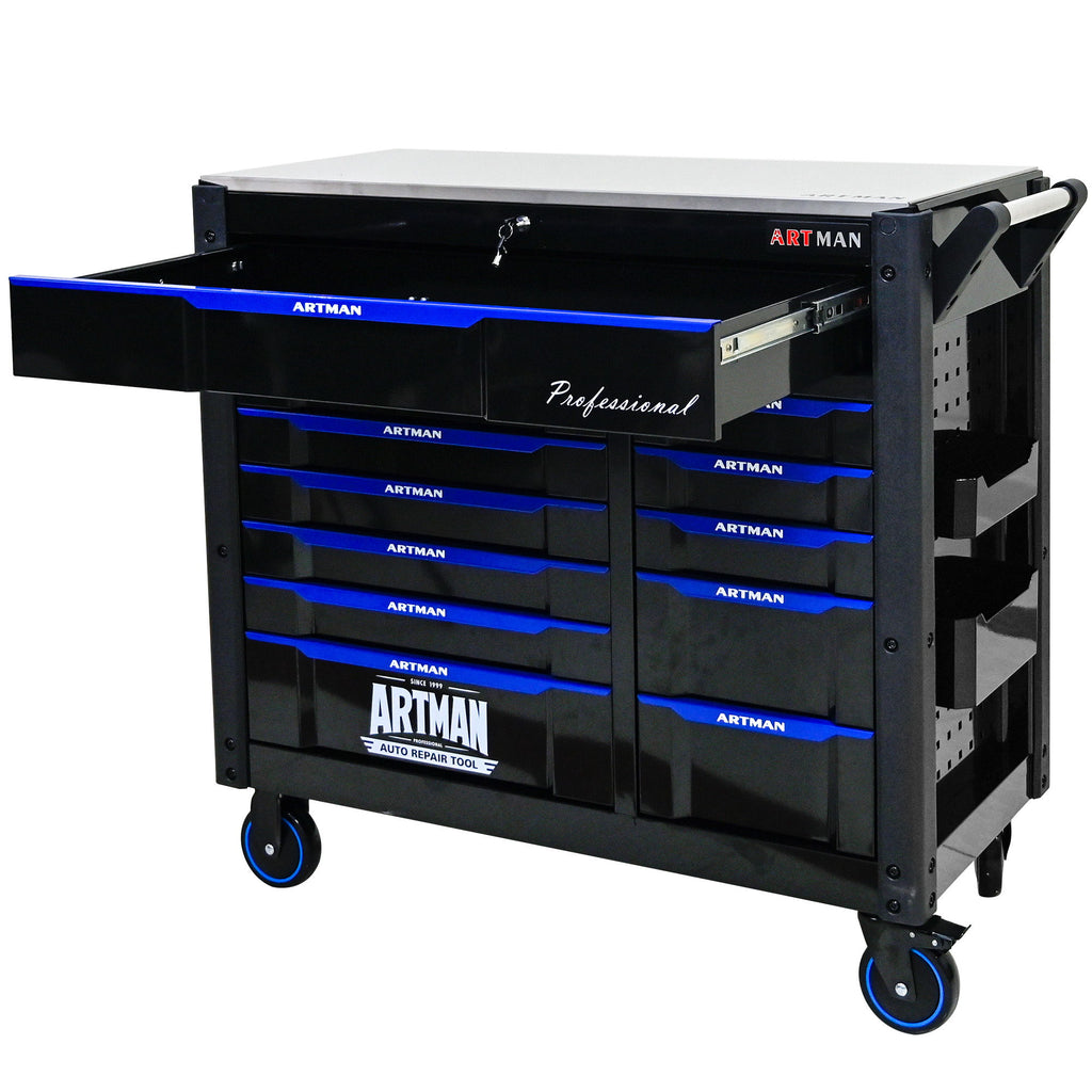 12 Layer Drawer Multi Purpose Tool Cart With Wheels And Iron Top - Black / Blue
