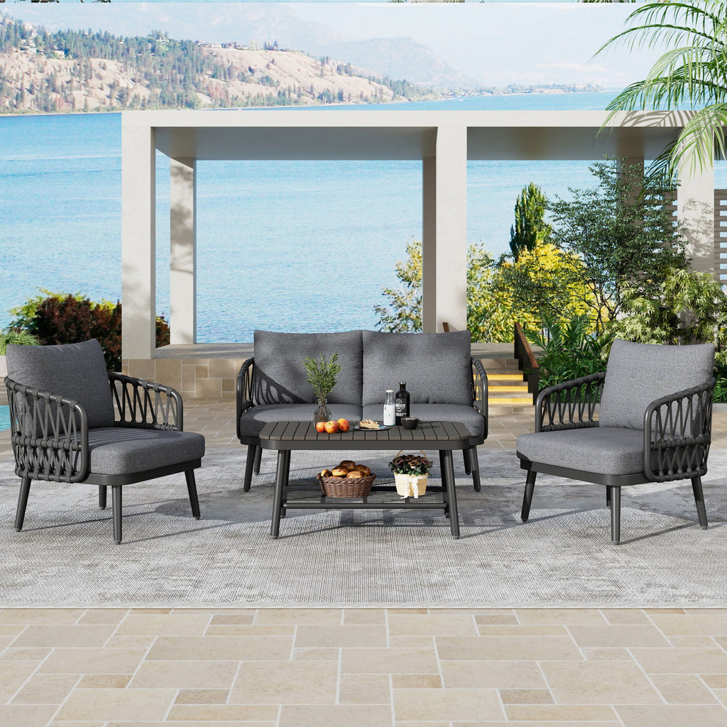 4 Piece Outdoor Patio Furniture Set, Metal Chairs With Woven Rope U Shaped Backrest