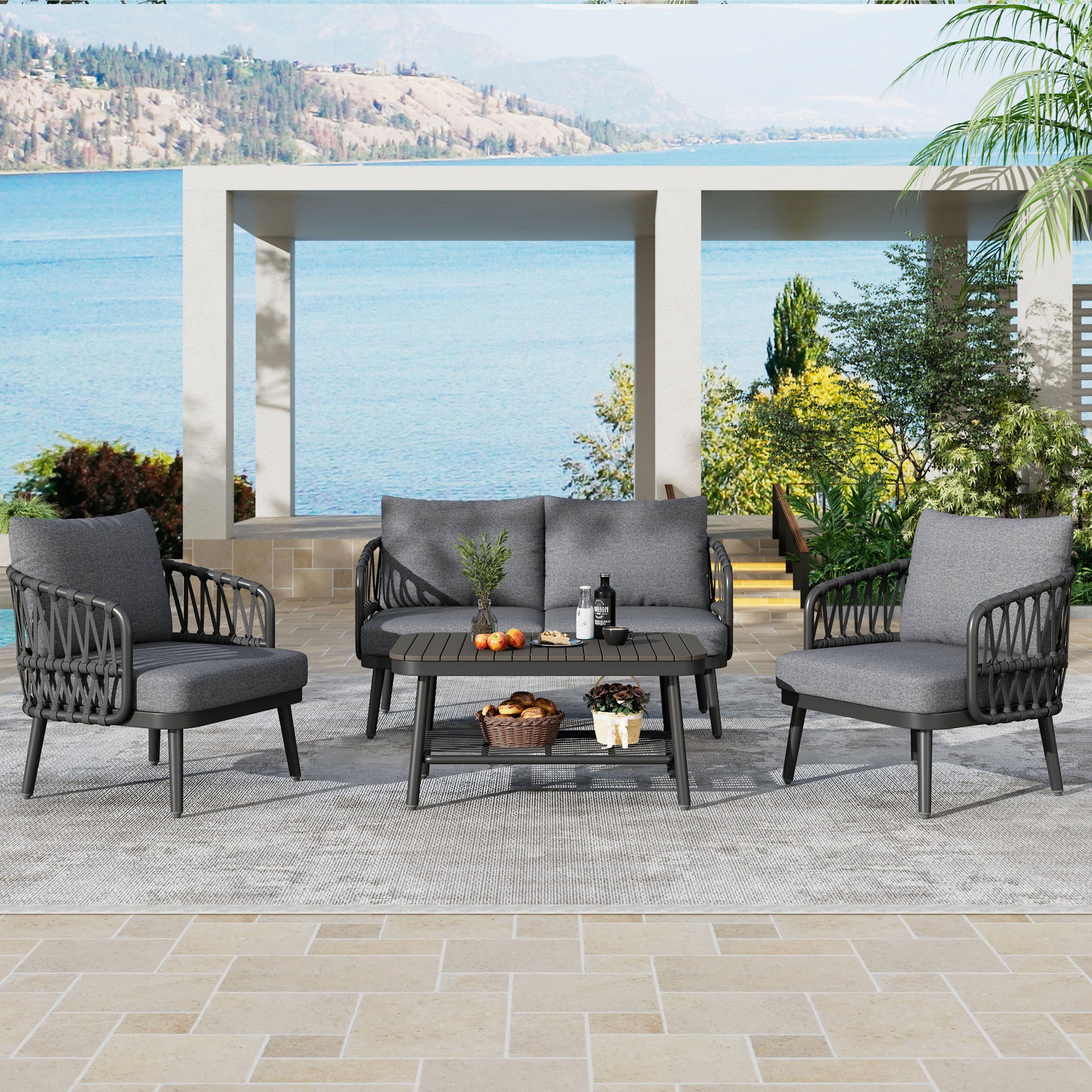 4 Piece Outdoor Patio Furniture Set, Metal Chairs With Woven Rope U Shaped Backrest