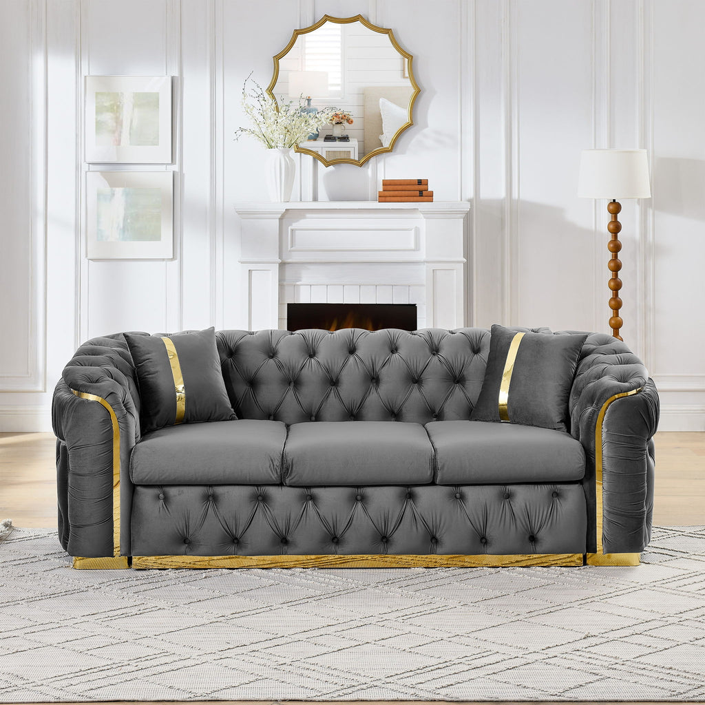 Button Tufted Couch With 2 Pillows, 3 Seater Luxury Chesterfield Sofa