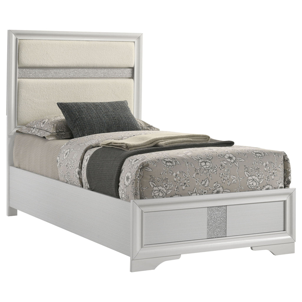 Panel Bed With Padded Headboard And Glittering Accent Stripes