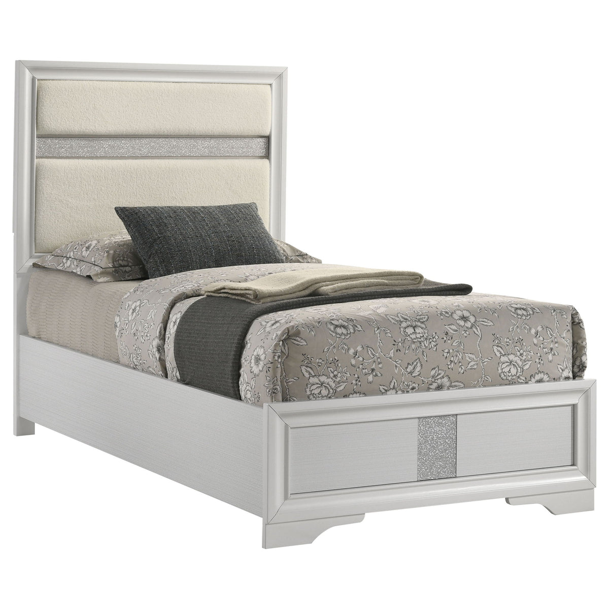 Panel Bed With Padded Headboard And Glittering Accent Stripes