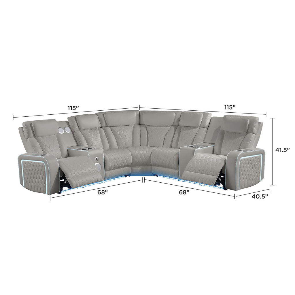 Electra - Power Recliner Sectional Sofa With Power Headrests, Console Loveseats, Wedge, LED Light Strip, Speakers