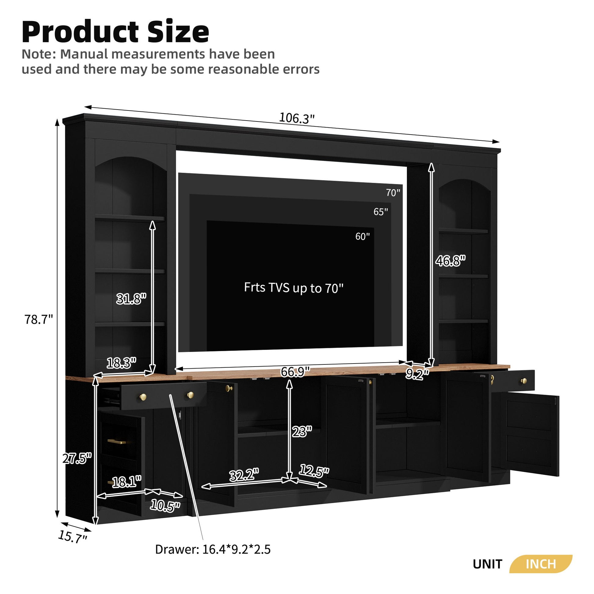 Arched Entertainment Center Wall Unit With Bookshelf, Retro Large TV Stand