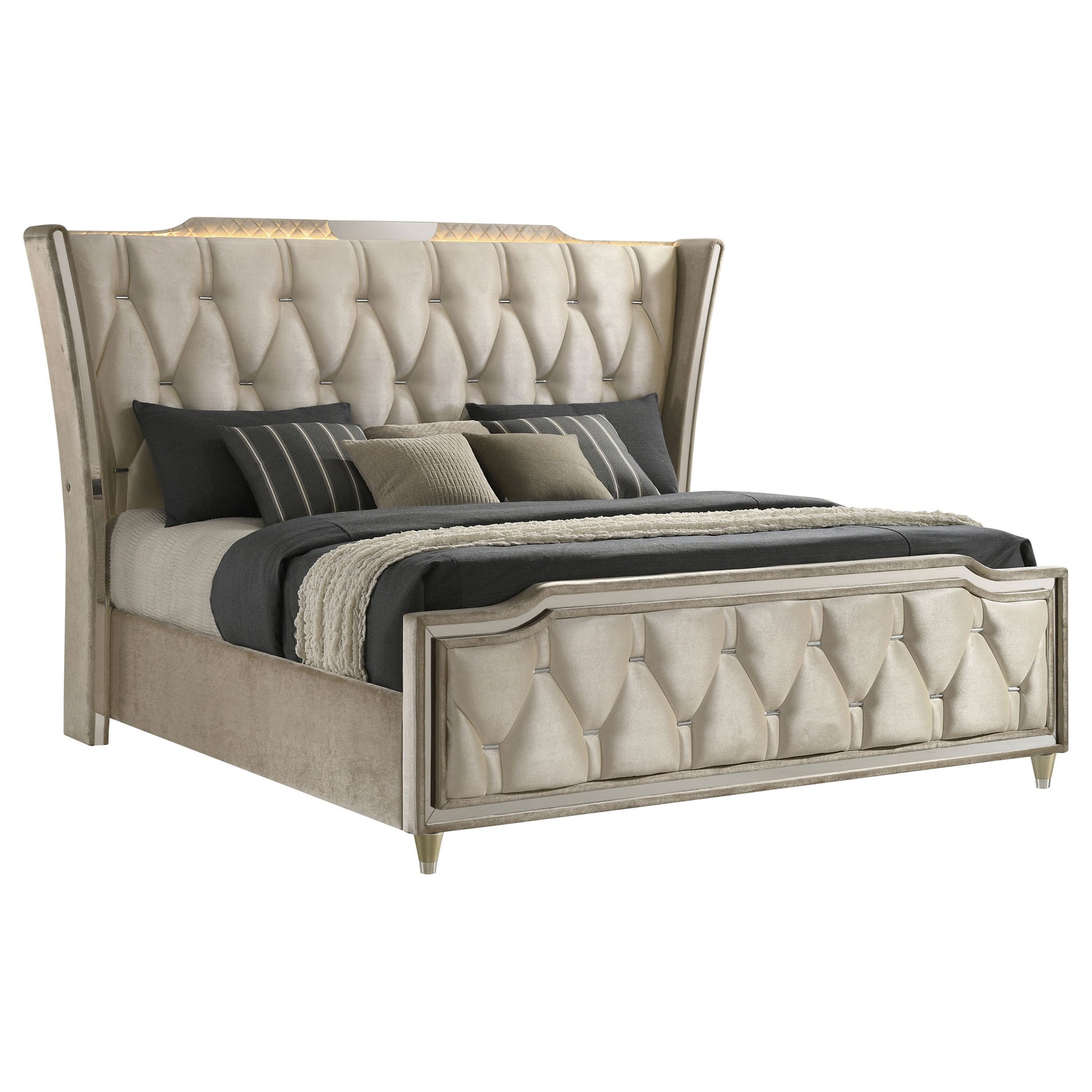 Mika - LED Upholstered Bed With Tufted Wingback Headboard And Ambient Lighting