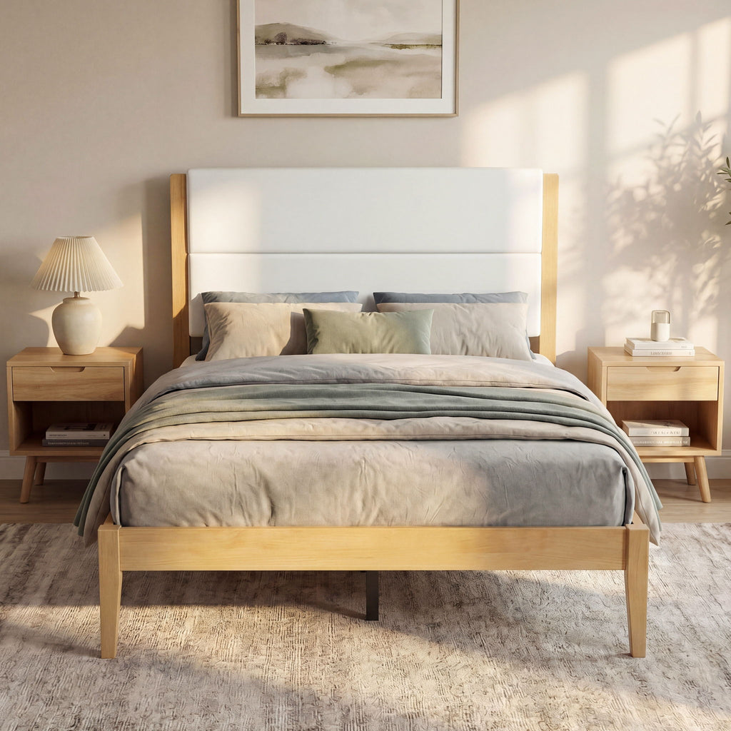 Platform Bed Frame With Upholstered Headboard, Slat Support