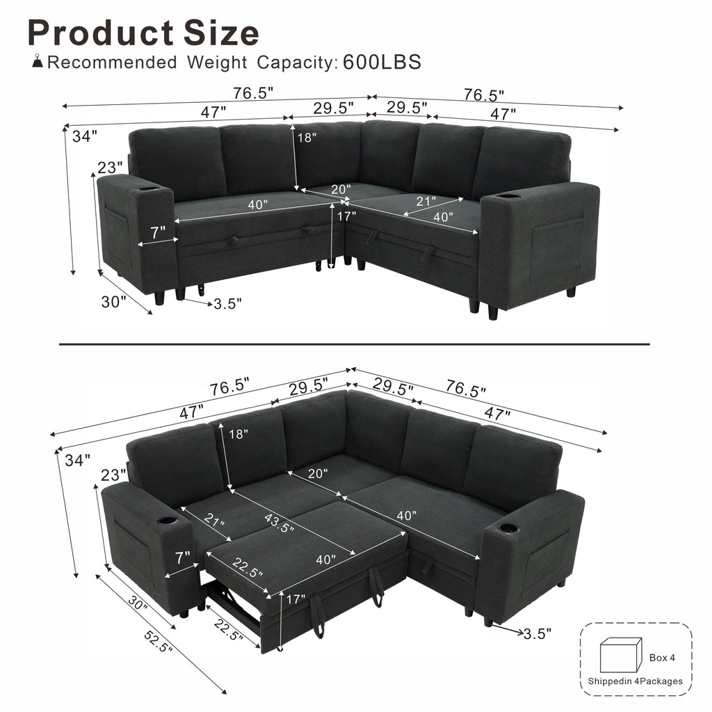 Upholstered L - Shape Sectional Sofa Bed With Pull Out Sleeper And Storage