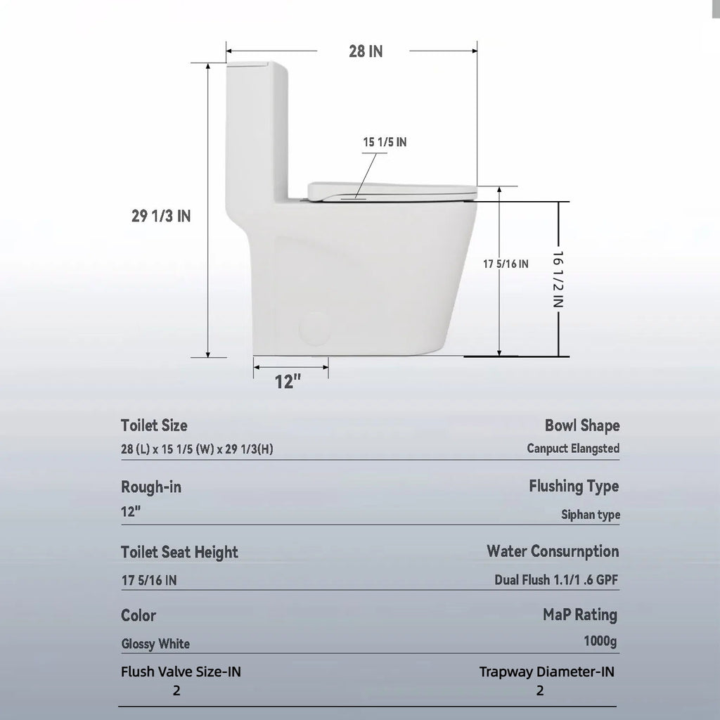 Glossy Tornado Flush 1 Piece Toilet With Dual Flush, Soft Close Seat - Gloss White