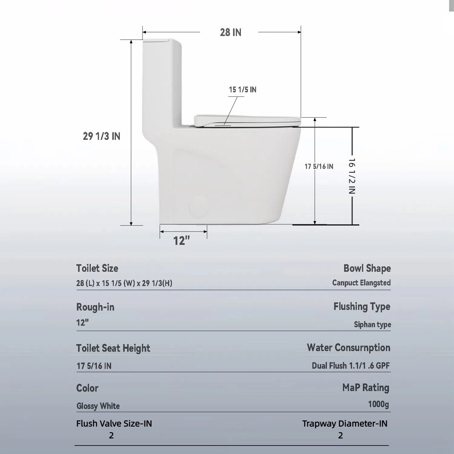 Glossy Tornado Flush 1 Piece Toilet With Dual Flush, Soft Close Seat - Gloss White