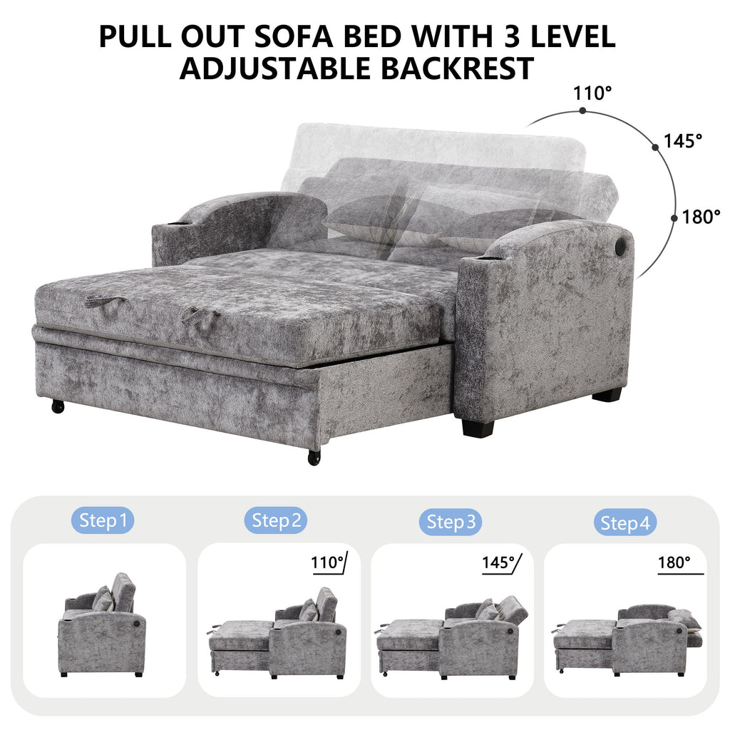 Pull Out Loveseat Sofa With Adjsutable Backrest, 2 Pillows, Cup Holders, USB Ports For Living Room