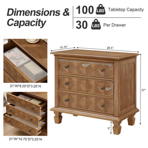Nightstand With Charging Station, 3 Drawer Bedside Table - Natural Wood