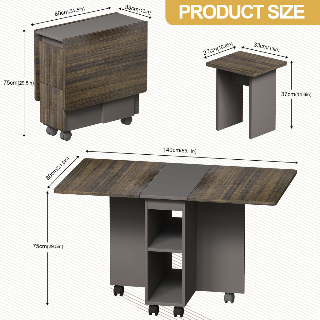 Contemporary 5 Piece Folding Extendable Dining Table Set With Chairs For 4 - Brown