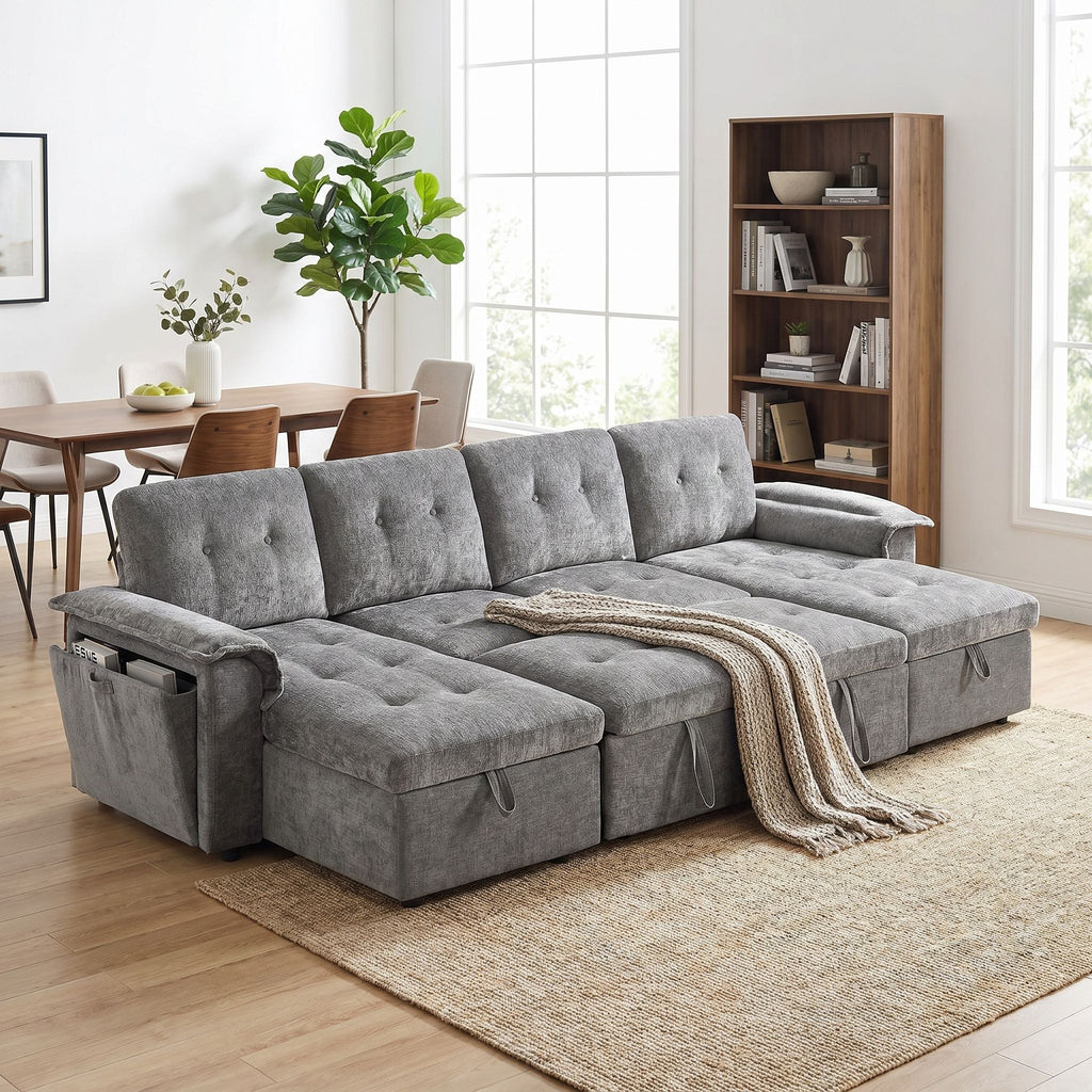 Modern U-Shaped Sleeper Sectional Sofa Bed With USB Ports, Cup Holder, And Hidden Storage