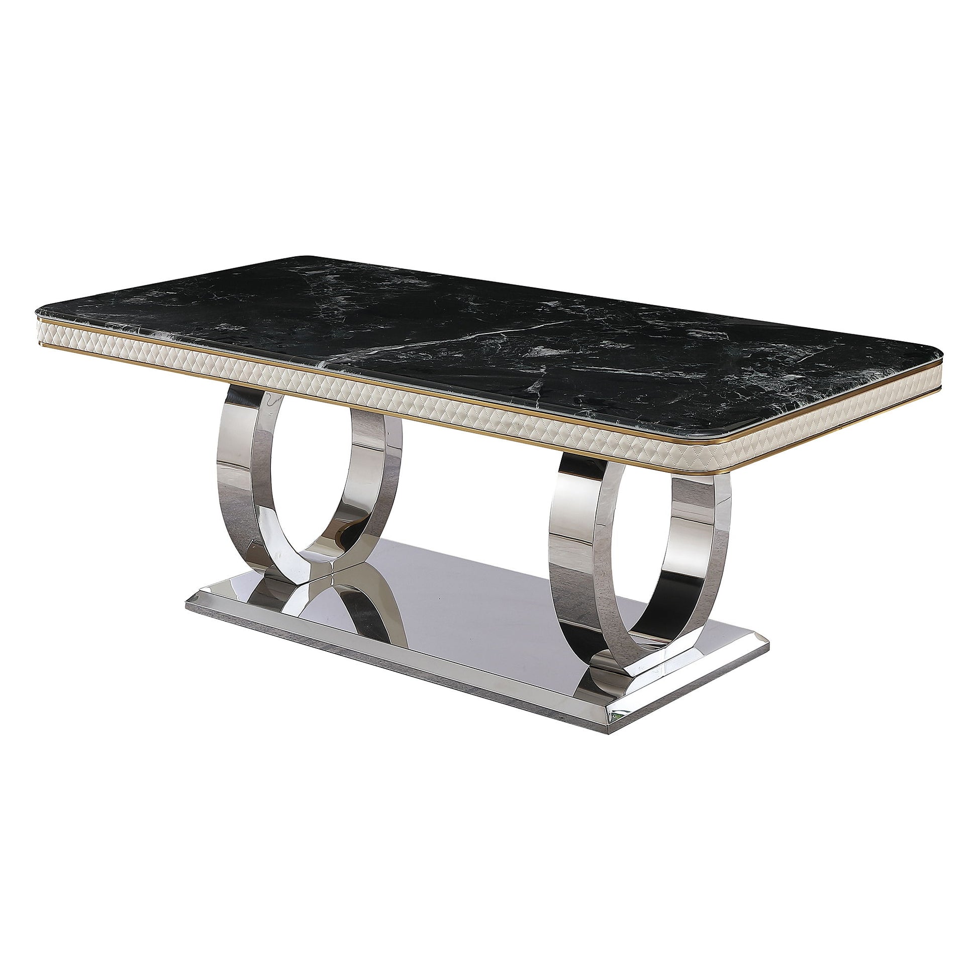 Luxury Modern Dining Table With Faux Marble Top And Dual Circle Base - Black