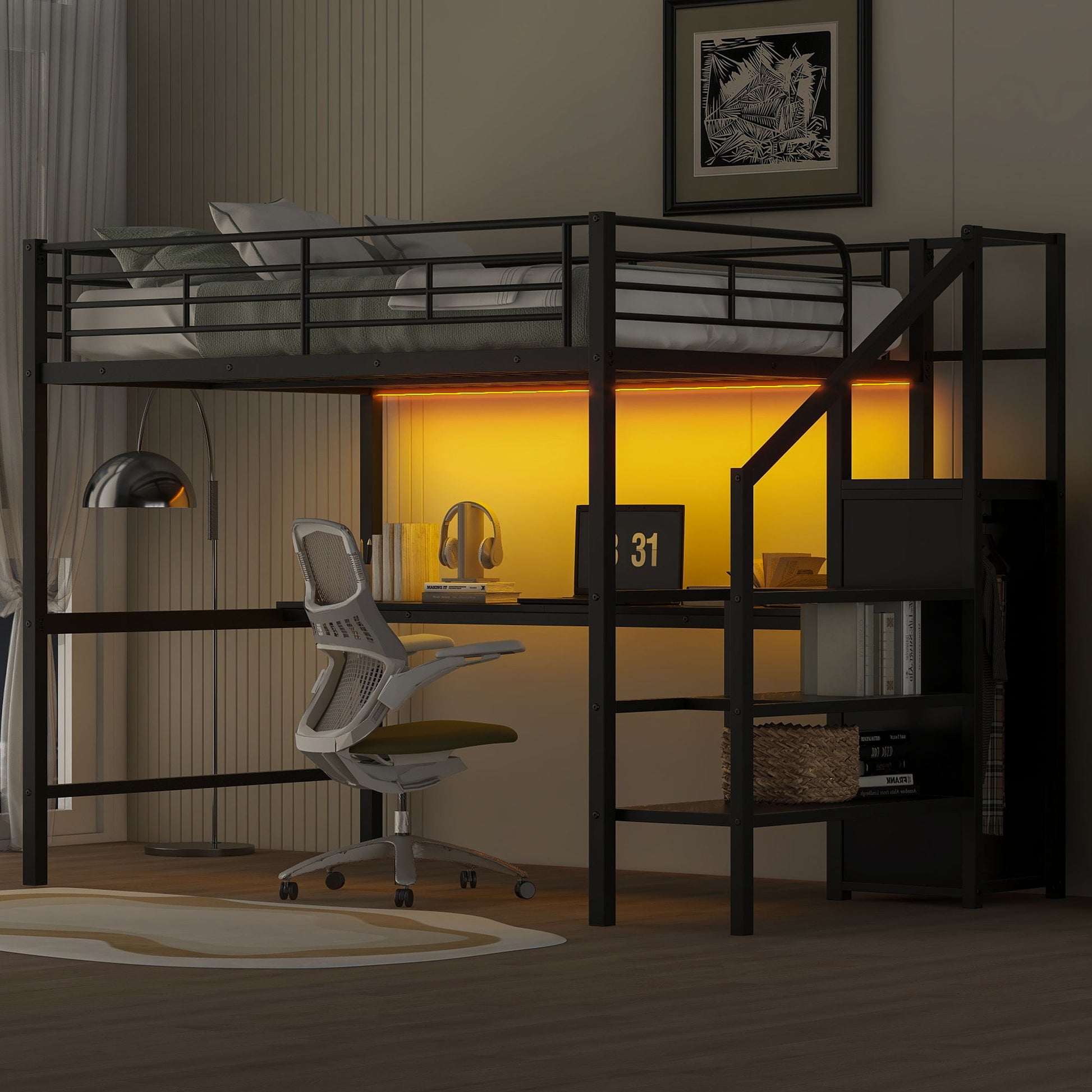 Full Size Loft Bed With Desk, Storage Staircase, Small Wardrobe And LED Light - Black