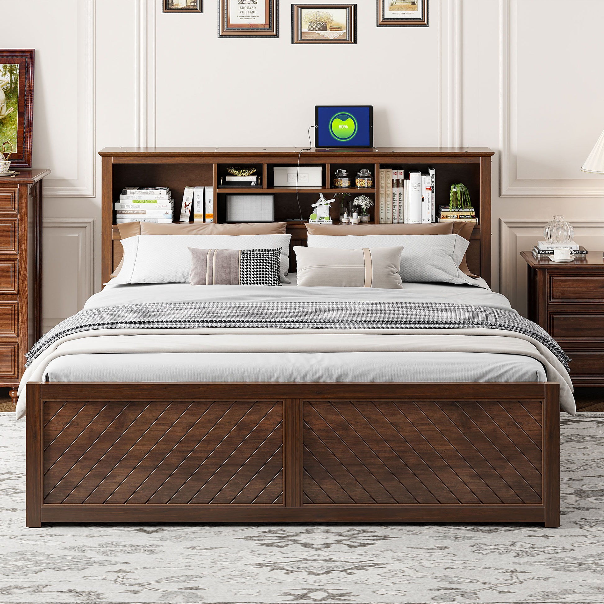 Platform Bed With Multi Storage Headboard, USB And Drawers