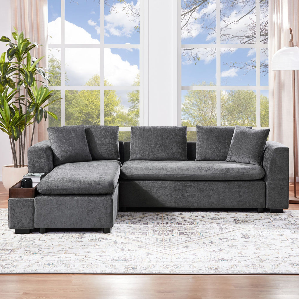 Modern L Shaped Sectional Sofa With Chenille Upholstery And Wooden Storage