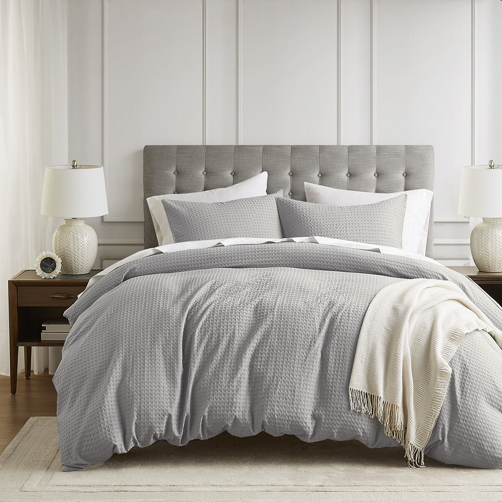 Mina - Waffle Weave Textured Duvet Cover Set - Light Gray