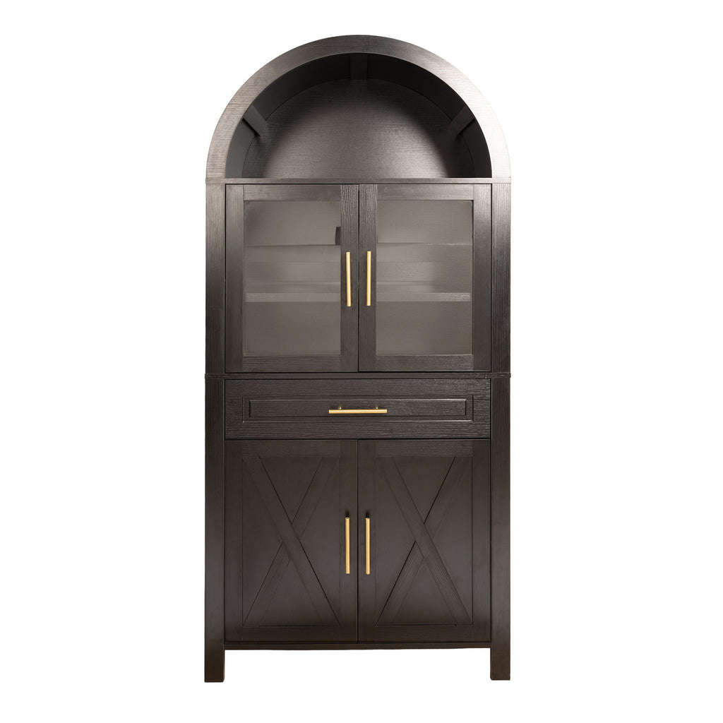 Arched Kitchen Pantry Cabinet With Glass Door, Storage Cabinet With Adjustable Shelves & Barn Door - Black