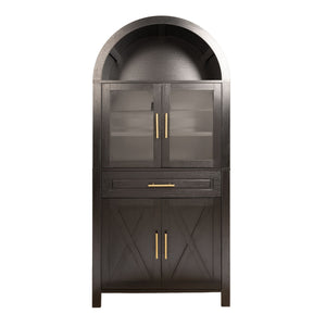 Arched Kitchen Pantry Cabinet With Glass Door, Storage Cabinet With Adjustable Shelves & Barn Door - Black