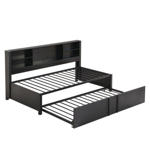Industrial Metal Daybed With Trundle, Storage Shelves, USB Ports