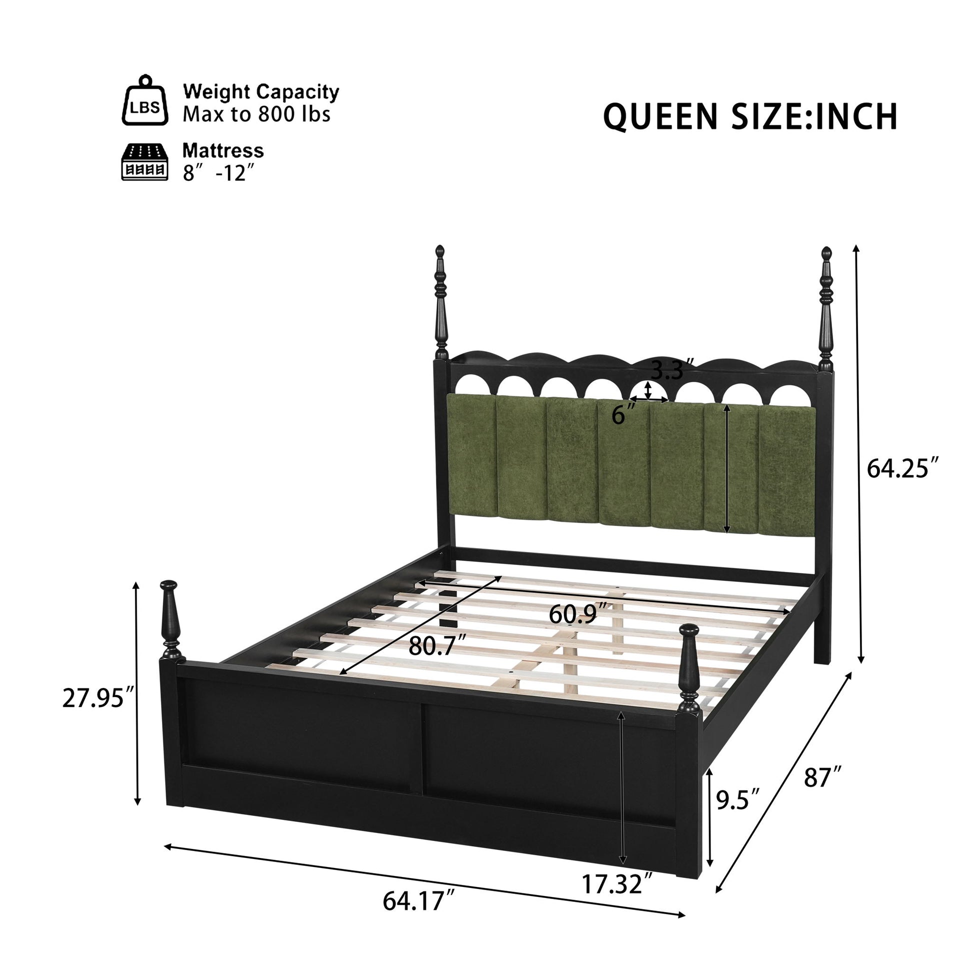 Platform Bed Frame With Tufted Upholstered Scallop Headboard