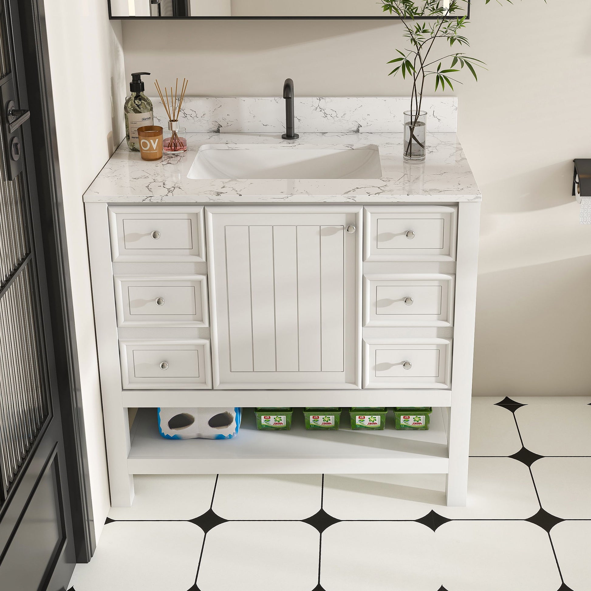 37" Bathroom Vanity, Multi Functional Cabinet With Doors And Drawers, Frame, Single Faucet Hole - White