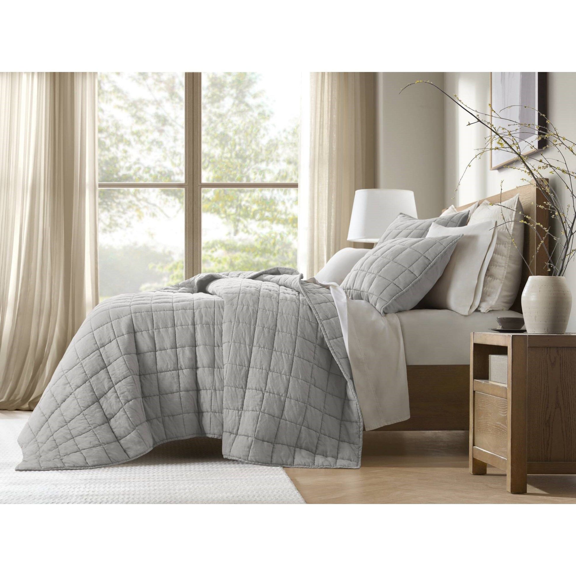 100% Linen - King/California King Linen Garment Washed Quilt Set - Gray