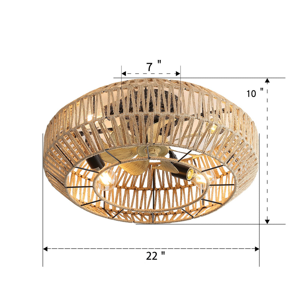 22" Caged Ceiling Fan With DC Motor, 6 Speeds Remote Control For Living Room - Rattan