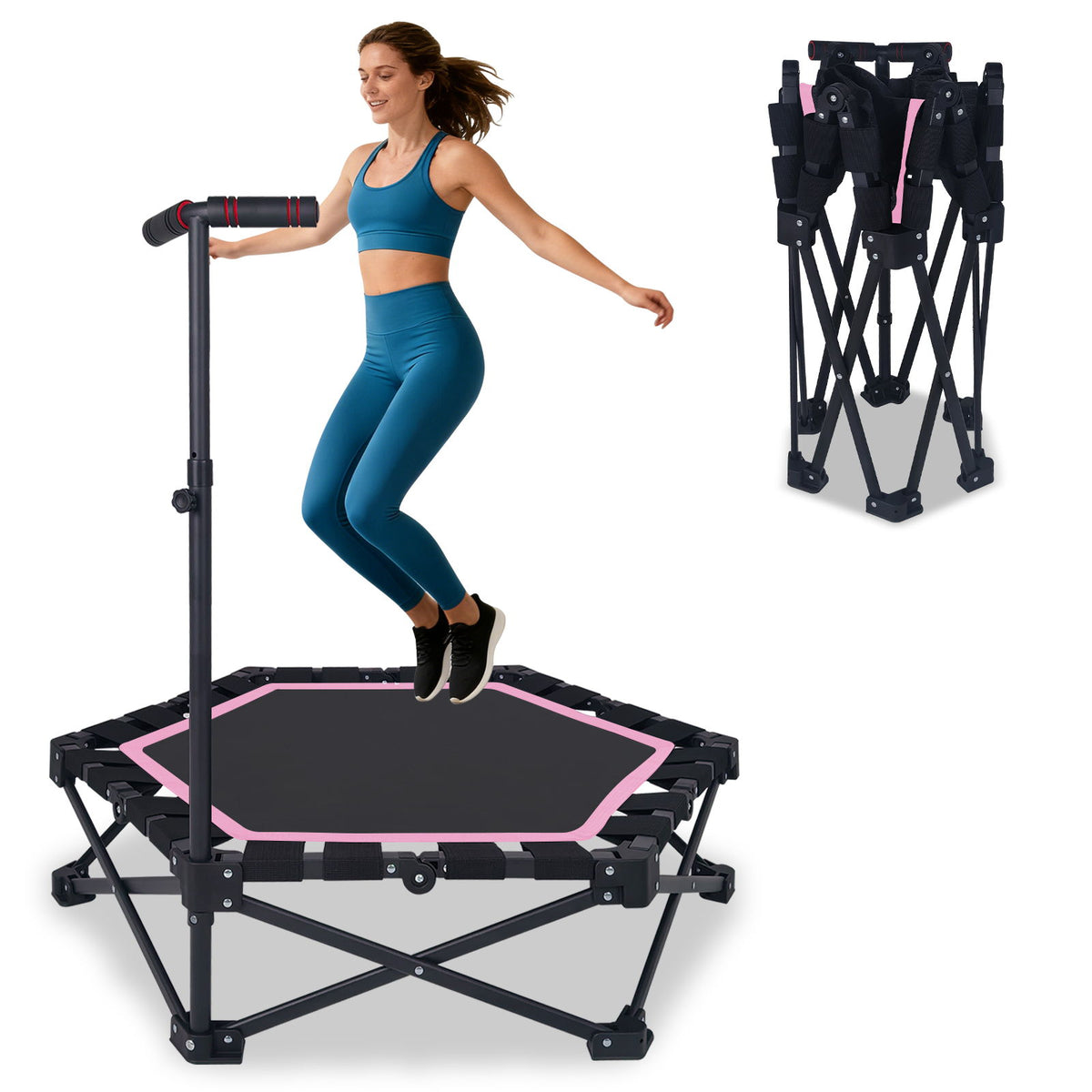 Foldable Mini Trampoline, 1 Step Fold & Open, 3 Level Adjustable T - Bar, Indoor & Outdoor Workout - Black / Pink