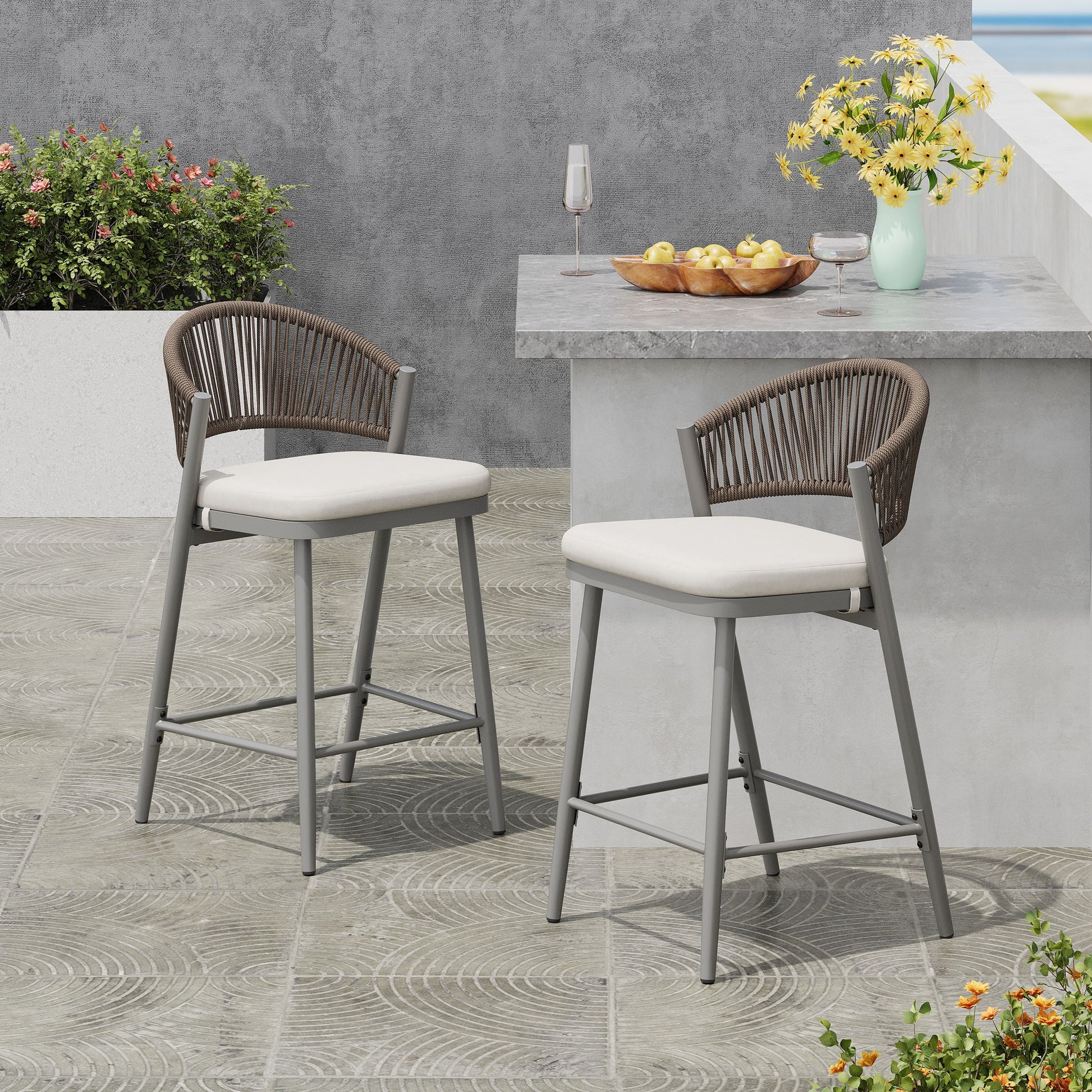 Outdoor 26" Counter Height Metal Frame Counter Stools With Scallop Shaped Backrest & Water Resistant Cushions