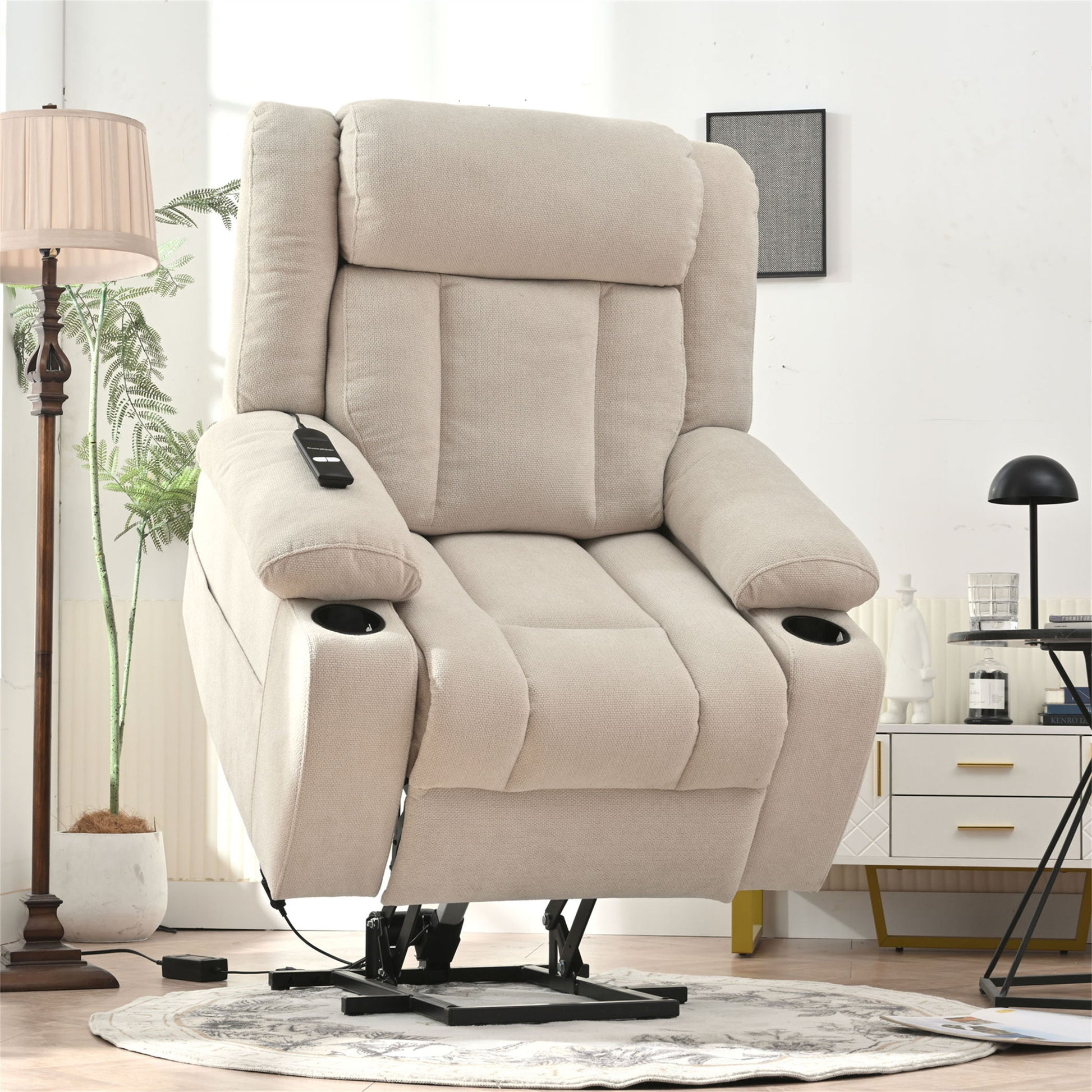 Power Lift Recliner Chair With Extended Footrest, Remote Control, Cup Holders, And Side Pockets