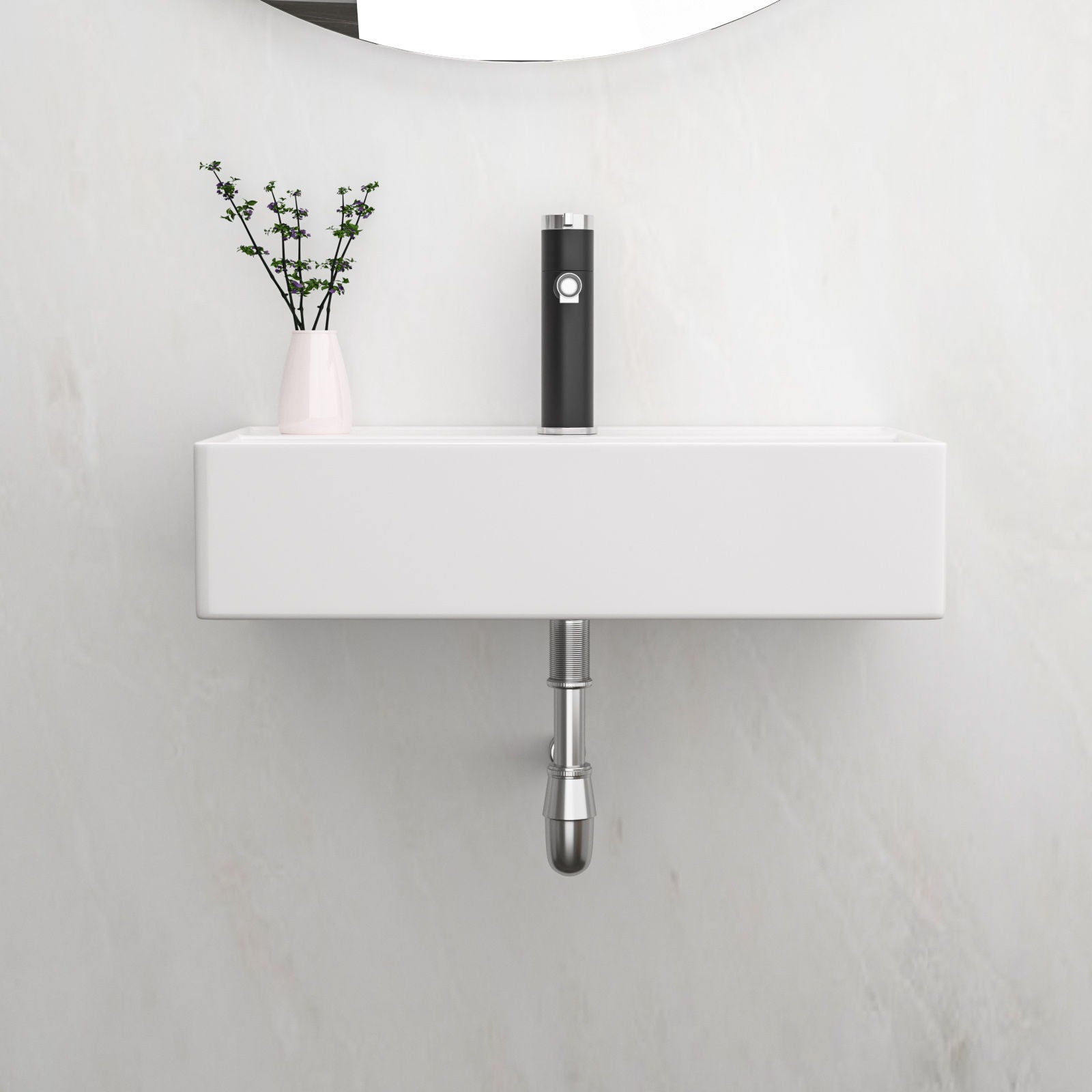 Modern Ceramic Rectangular Wall Mounted Bathroom Sink With Faucet Hole & Overflow